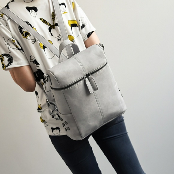 Handbags - Gray Vegan Leather Backpack